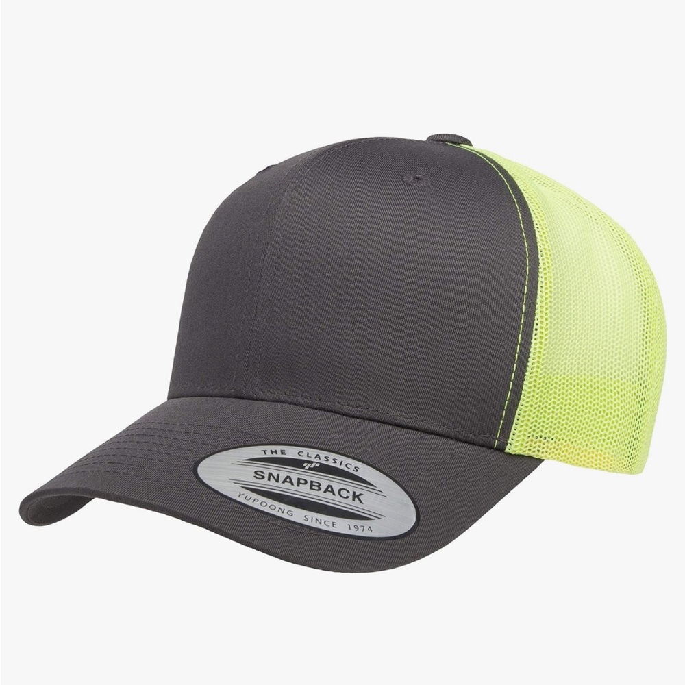 FREE GIFT W/PURCHASE OF $10+! Men’s Trucker Hat Charcoal with Neon Green Mesh